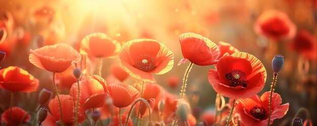 campo de amapolas rojas brillantes bajo el suave resplandor de la puesta de sol