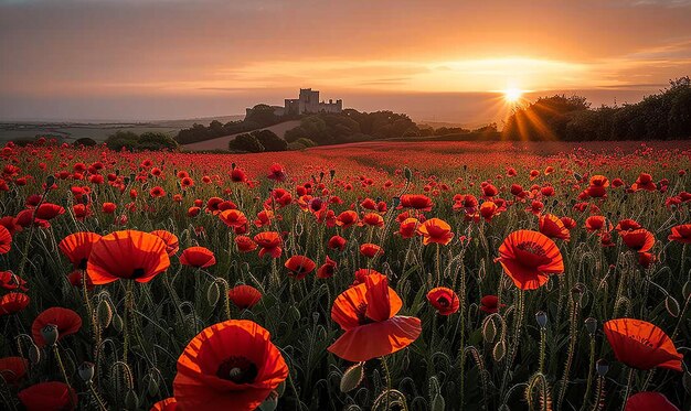 un campo de amapolas rojas con un castillo en el fondo