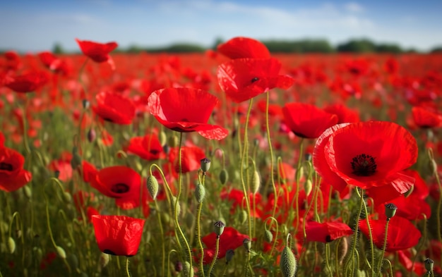 Un campo de amapolas rojas con un cielo azul detrás