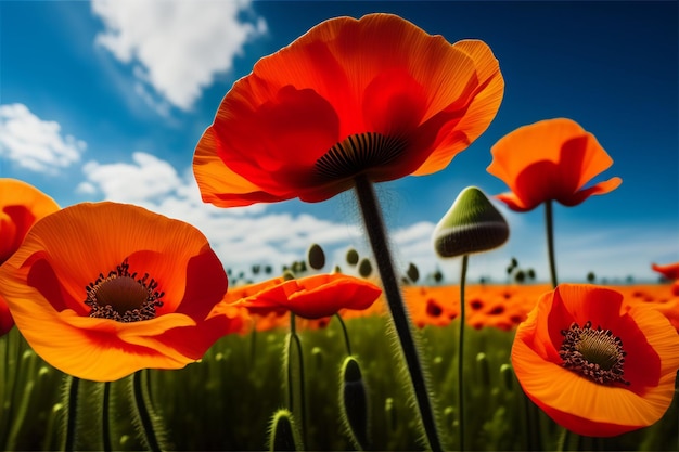 Un campo de amapolas rojas con un cielo azul de fondo.