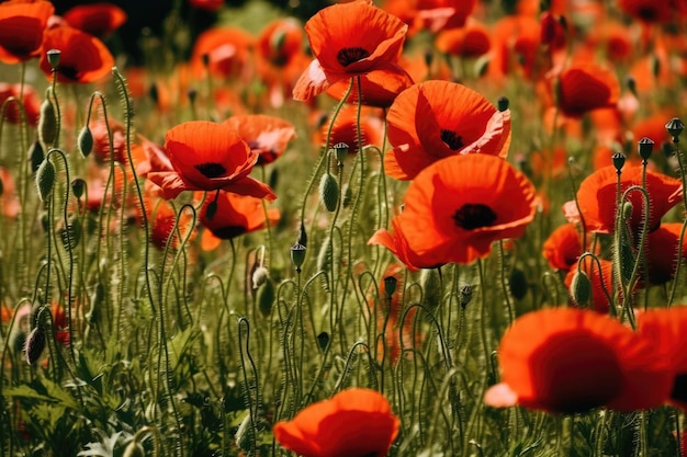 Campo de amapolas rojas contra el fondo del cielo azul AI Generativo