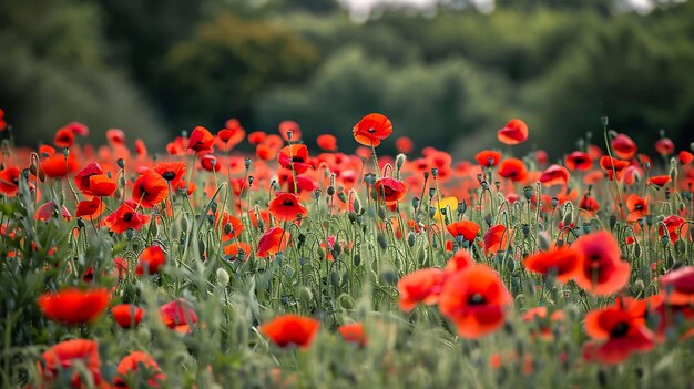 Un campo de amapolas rojas Las flores están en foco con un fondo borroso de follaje verde