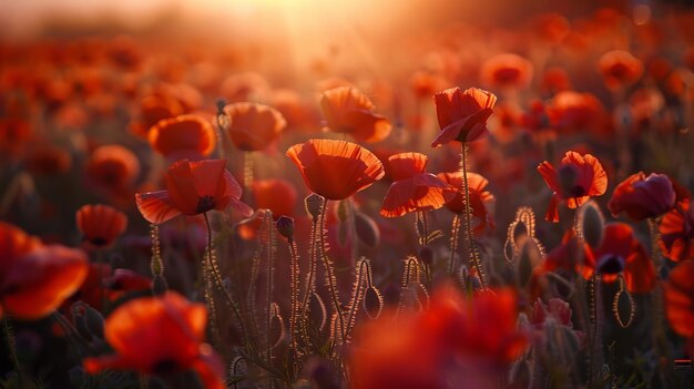 Un campo de amapolas rojas a la luz del sol