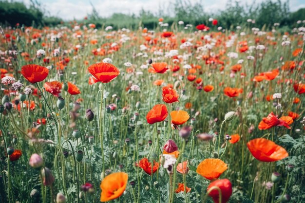 Foto campo de amapolas rojas en la niebla de la mañana