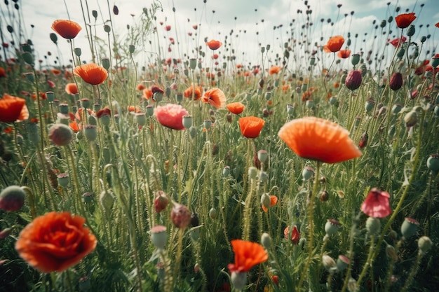 Foto campo de amapolas rojas en la niebla de la mañana