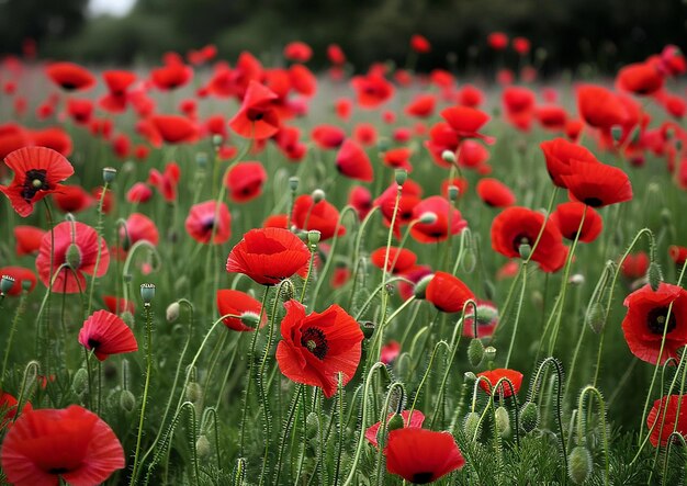 Foto un campo de amapolas rojas con la palabra salvaje en el medio