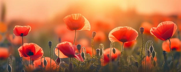 un campo de amapolas rojas con la puesta de sol en el fondo