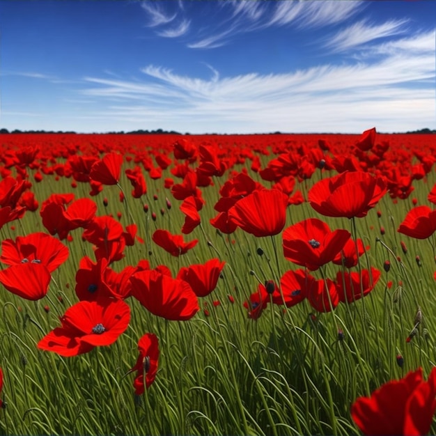 Un campo de amapolas rojas vibrantes meciéndose en la suave brisa