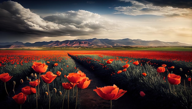 Un campo de amapolas rojas vibrantes con montañas en el fondo IA generativa