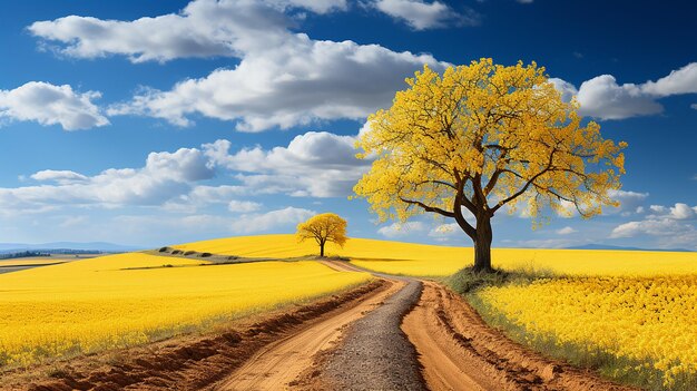 El campo amarillo de la colza y las flores de cerezo