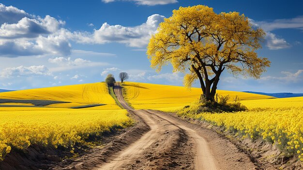 Foto el campo amarillo de la colza y las flores de cerezo