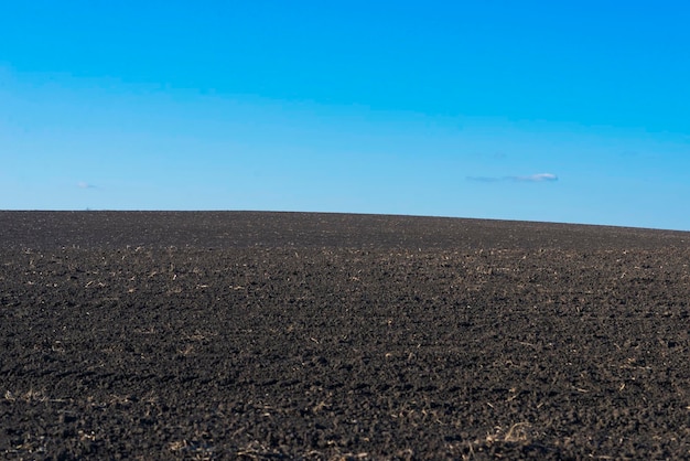 Campo arado e céu azul como pano de fundo