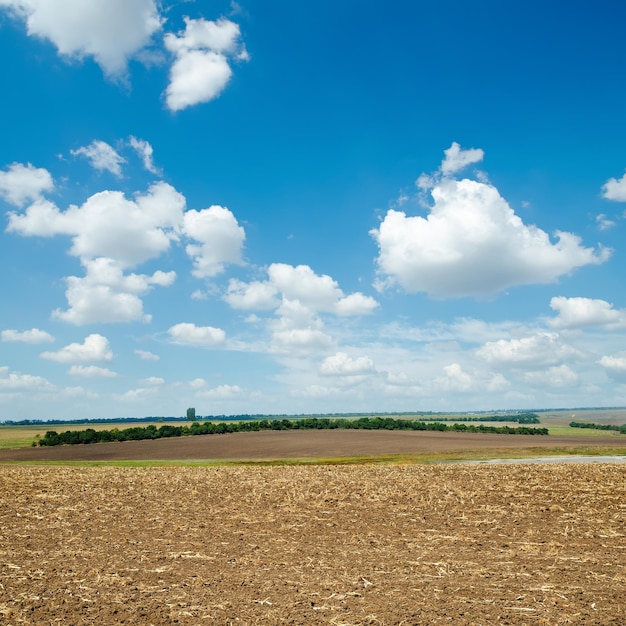 Foto campo arado e nuvens leves sobre ele