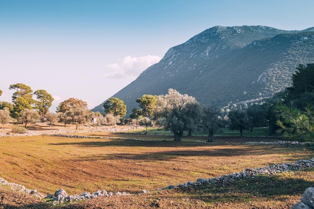 campo arado con terrazas en las colinas rodeadas de montañas