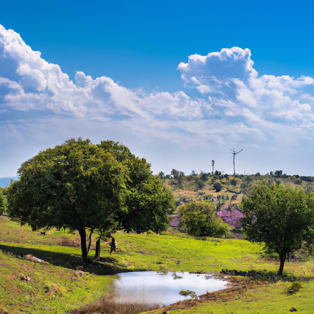 Un campo con un árbol y una casa al fondo.