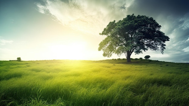 Un campo con un árbol y el cielo.