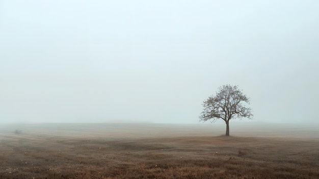 un campo con un árbol y un fondo de niebla