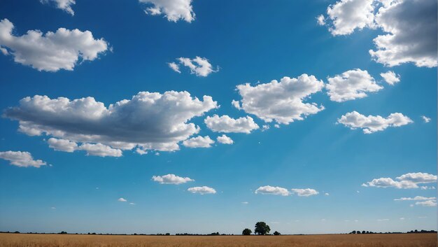 un campo con un árbol y nubes en el cielo