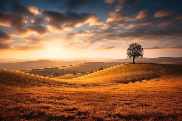 Un campo con un árbol en primer plano.