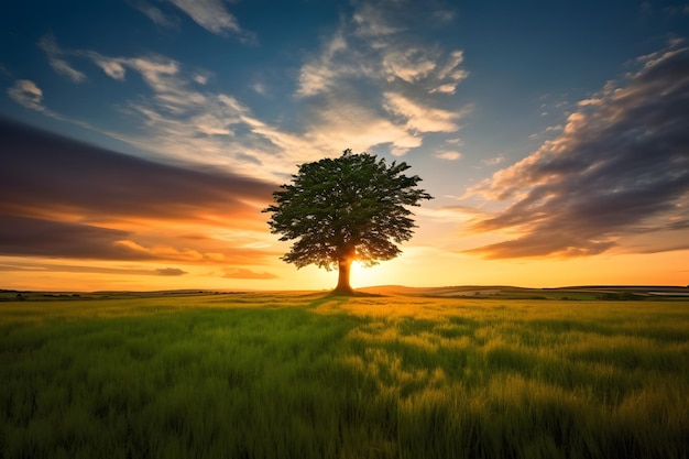 un campo con un árbol y la puesta de sol en el fondo