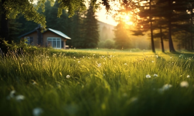 Campo con árboles y algo de hierba alrededor de una casa Ilustración AI GenerativexA