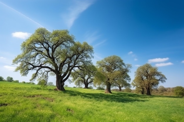 Un campo de árboles con el cielo de fondo