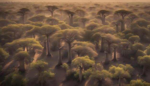 un campo con árboles y un fondo marrón con el sol brillando sobre ellos