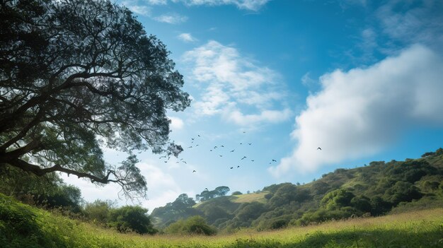 Un campo con árboles y pájaros volando en el cielo.