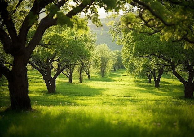 Un campo de árboles con el sol brillando sobre ellos.