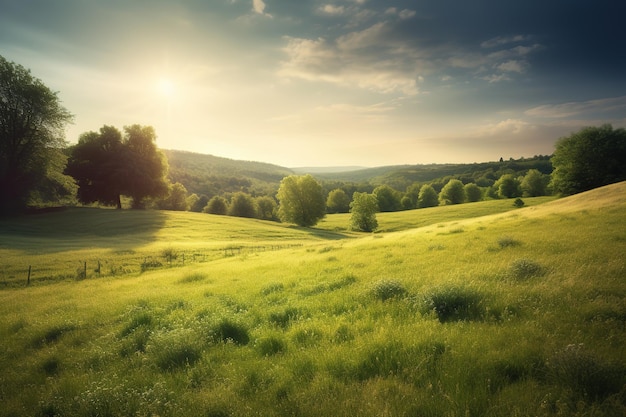 Un campo con árboles y el sol brillando a través de las nubes.