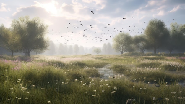 Un campo con un arroyo y un campo de hierba y pájaros volando en el cielo.