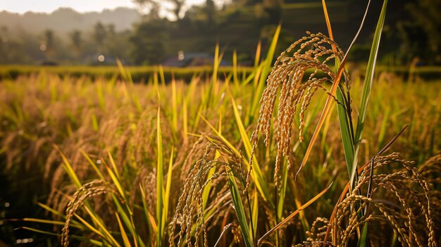 Un campo de arroz amarillo brillante antes de la cosecha