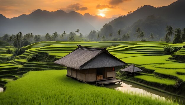 un campo de arroz con una casa en el fondo