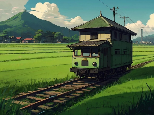 Campo de arroz con casas en el medio con vías de tren pintadas al estilo de Studio Ghibli hechas por IA