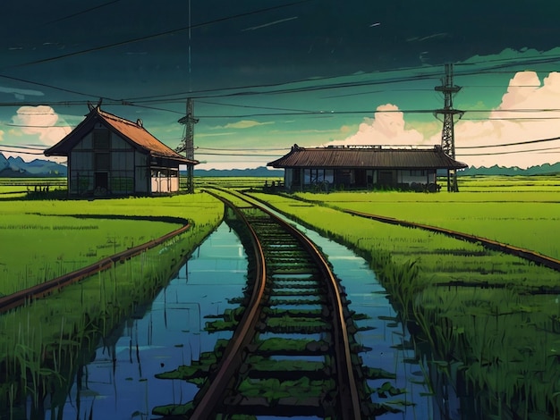 Campo de arroz con casas en el medio con vías de tren pintadas al estilo de Studio Ghibli hechas por IA