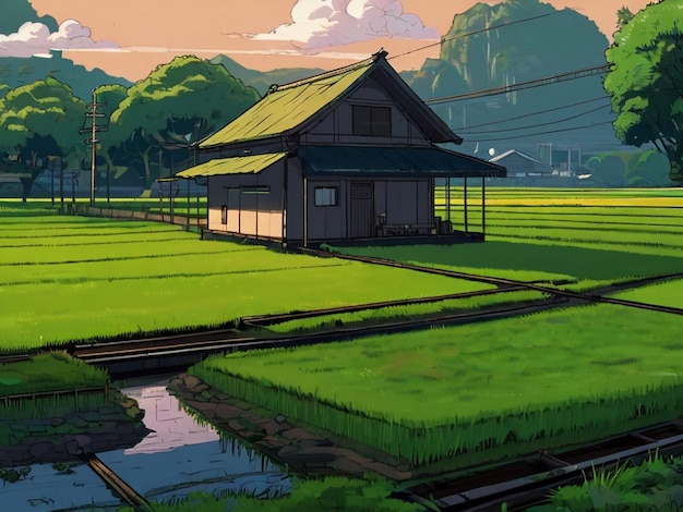 Campo de arroz con casas en el medio con vías de tren pintadas al estilo de Studio Ghibli hechas por IA