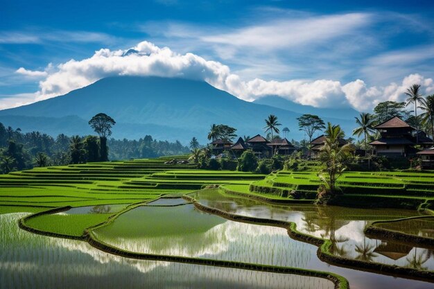 Foto un campo de arroz con una montaña en el fondo