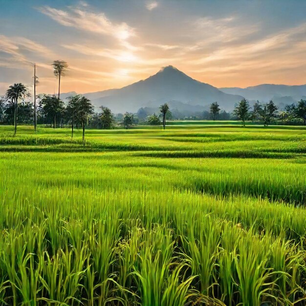 un campo de arroz con una montaña en el fondo