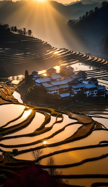 Un campo de arroz con un pueblo al fondo.
