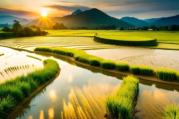 Un campo de arroz con la puesta de sol detrás de él