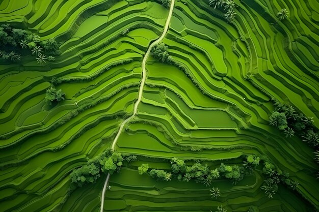 un campo de arroz con terrazas de arroz y árboles