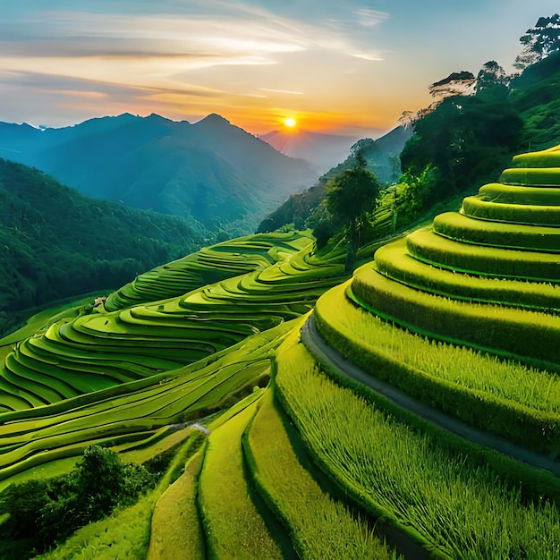 Un campo de arroz en terrazas en las montañas al atardecer.