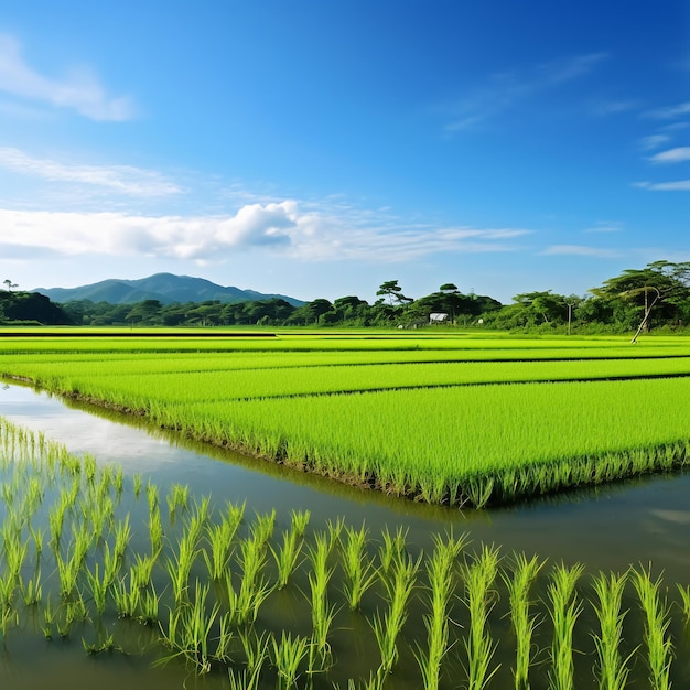 Campo de arroz verde y cielo azul con fondo de naturaleza de luz solar