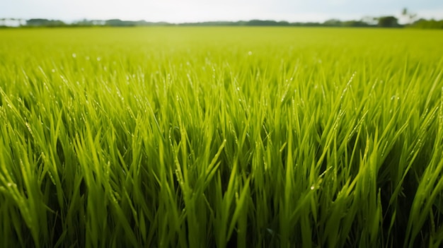 Campo de arroz verde y cielo azul con fondo de naturaleza de luz solar