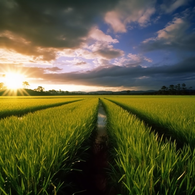 Campo de arroz verde y cielo azul con fondo de naturaleza de luz solar