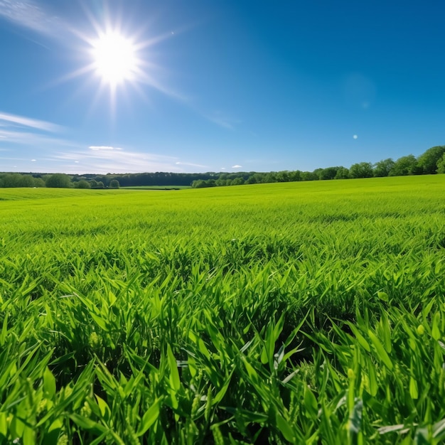 Campo de arroz verde y cielo azul con fondo de naturaleza de luz solar