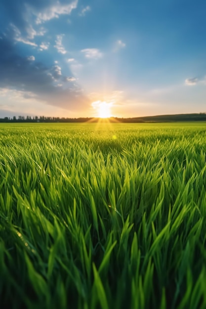 Campo de arroz verde y cielo azul con fondo de naturaleza de luz solar