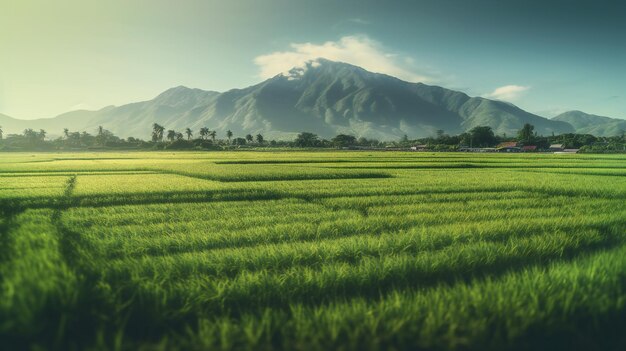 Un campo de arroz verde con una montaña al fondo.