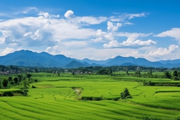 Foto un campo de arroz verde con montañas en el fondo