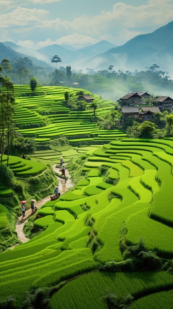 un campo de arroz con una vista de un pueblo y montañas en el fondo